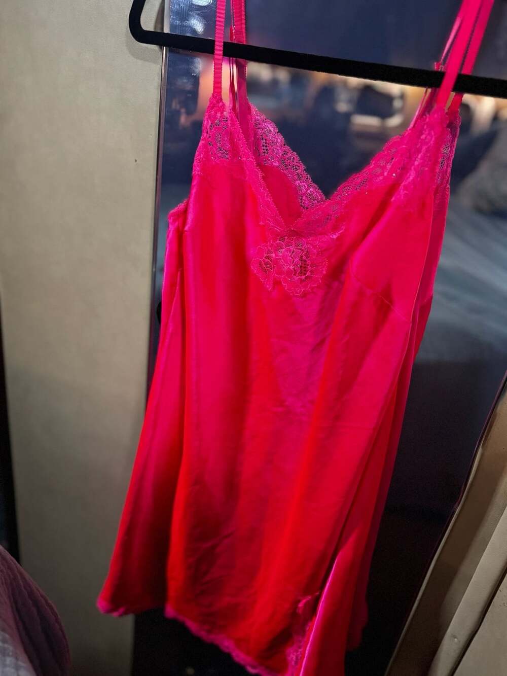 Victoria's Secret Slip Dress Size S Hot Pink Satin Lace Trim Chemise